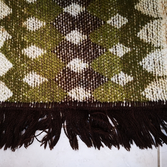 70S MCM reproduction GREEN/BROWN chenille geometric Argyll fringed table runner - Picture 2 of 5
